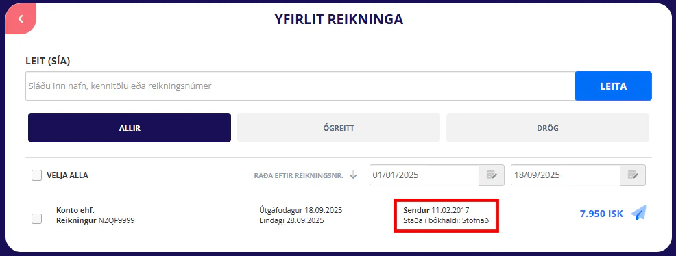 Reikningar merktir: Stofnað í yfirlit reikninga í Konto