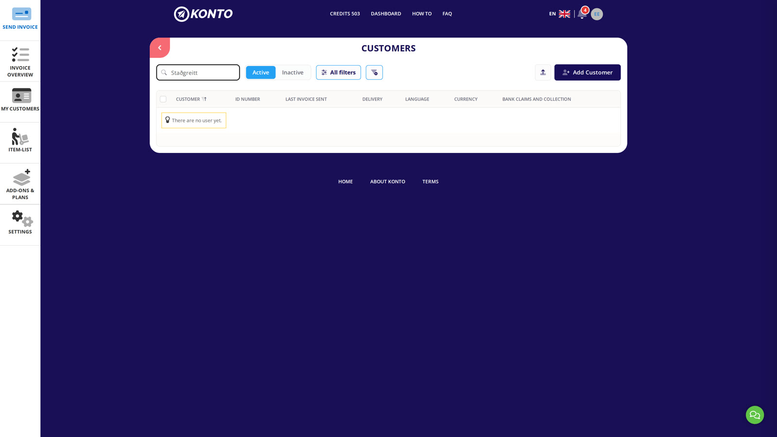 Search for “Staðgreitt” — if not found, click “Add Customer”.