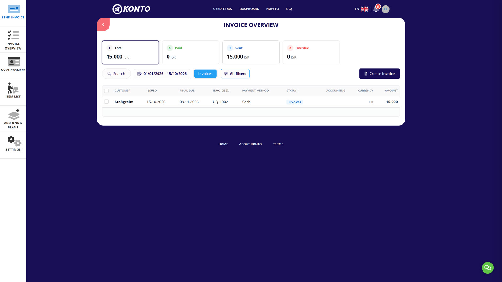 The invoice shows in “Invoice overview” with “Staðgreitt” as the customer.