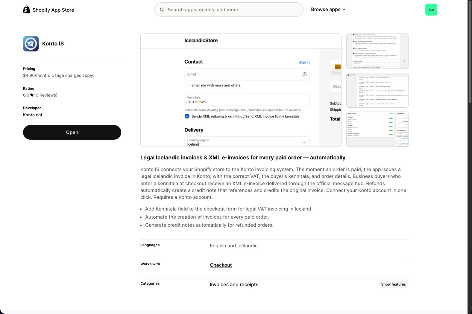 Search for Konto IS in the Shopify App Store and click Install.