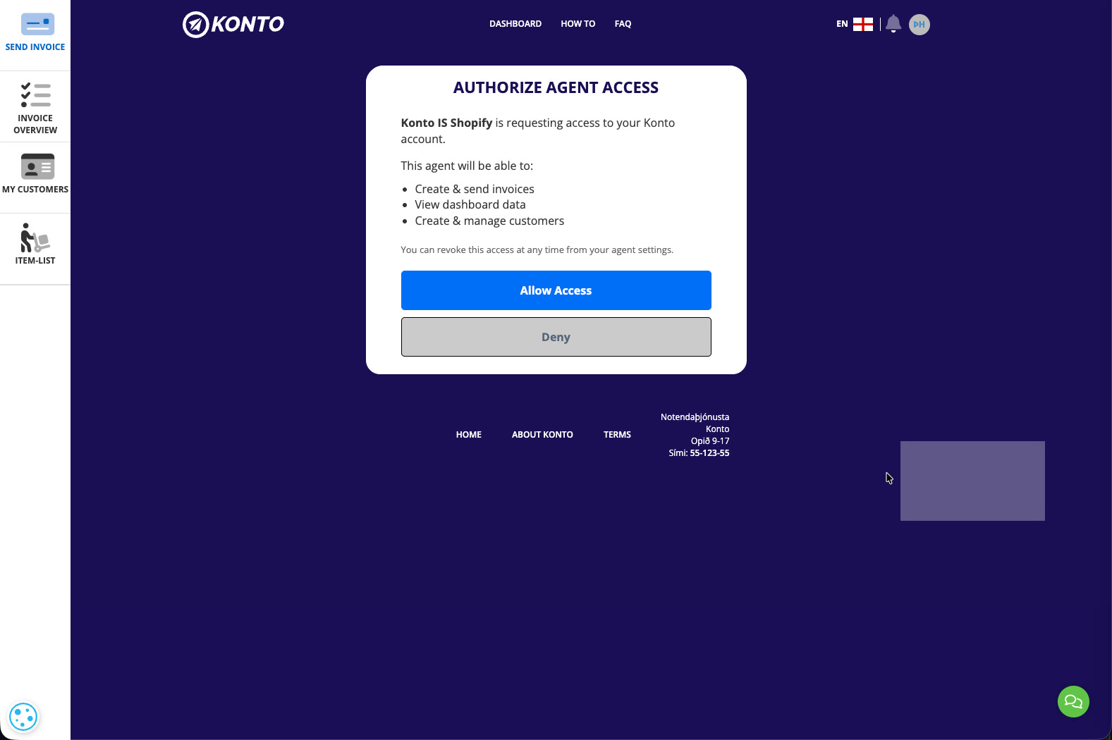 Click “Allow Access” in Konto to authorise the Shopify app.