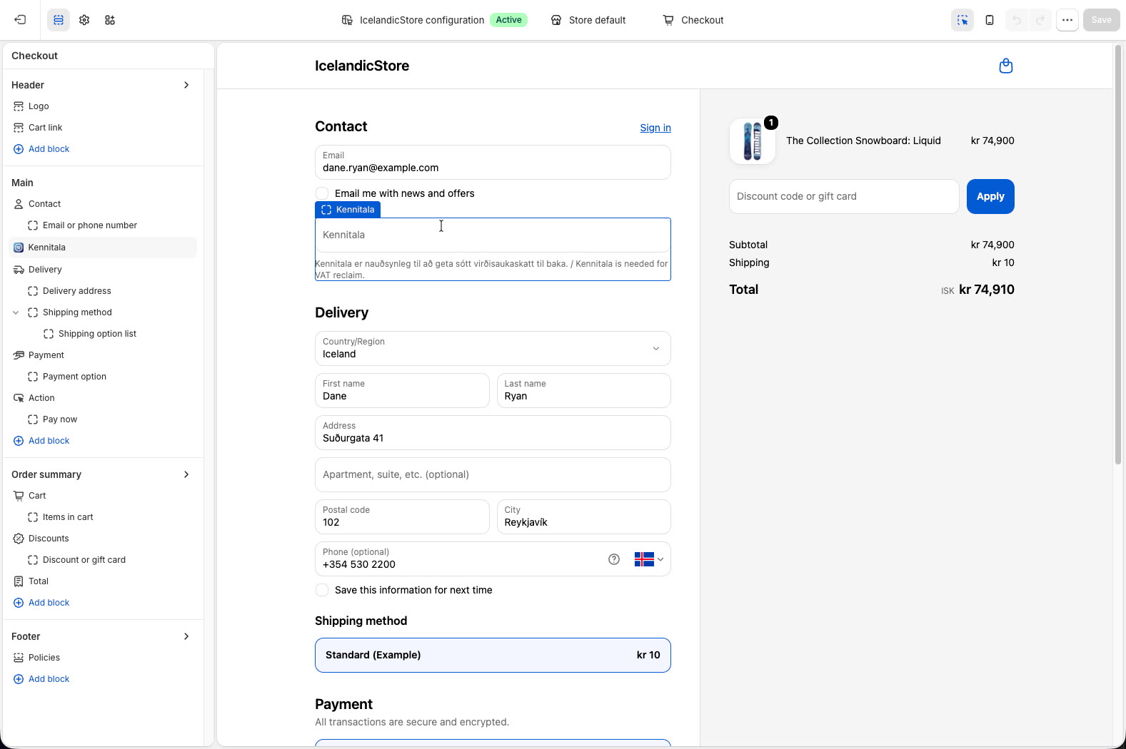 Add the “Kennitala” block under Contact and save the theme.