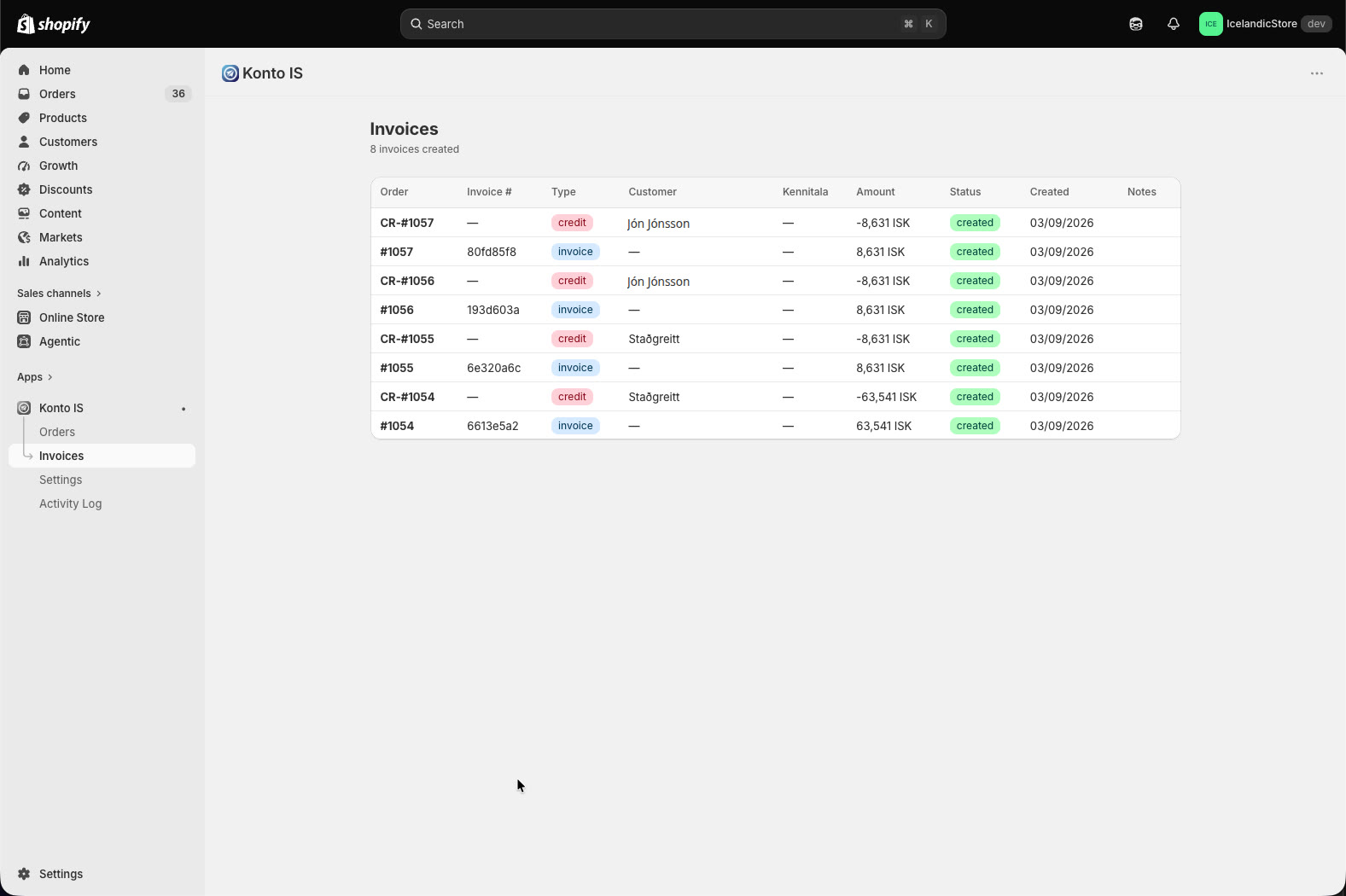 In the Invoices view you can see invoices and credit notes (CR-#) for every order.