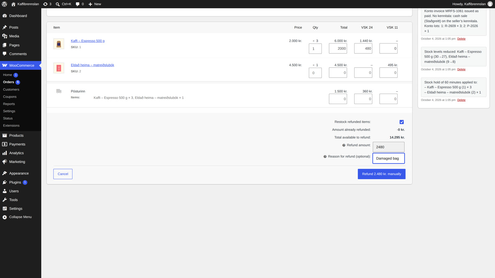 Click “Refund”, set quantities and tick “Restock refunded items”