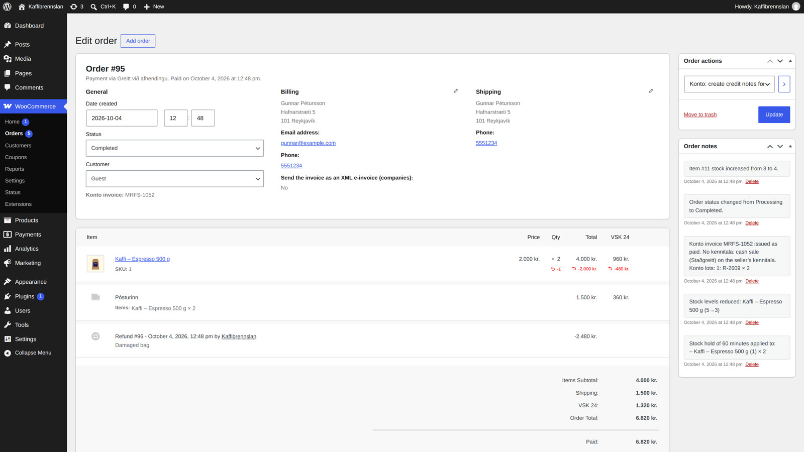 Select “Konto: create credit notes for refunds” under “Order actions” and click the arrow