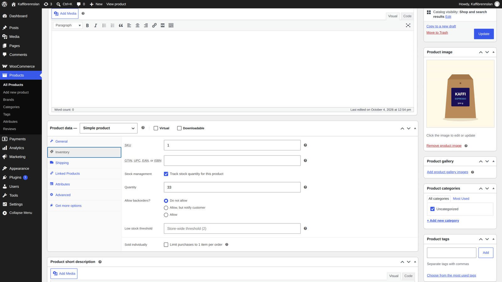Enter the Konto item number as the SKU — this links your WooCommerce product to Konto.