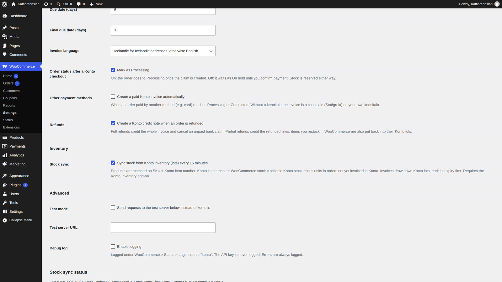 Tick “Stock sync” in the Konto settings and click “Save changes”.