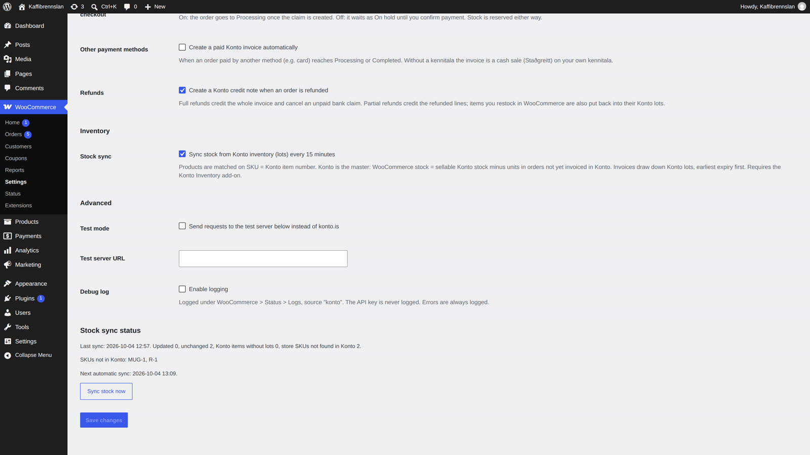 “Stock sync status” shows the last sync time and which products are linked to Konto.
