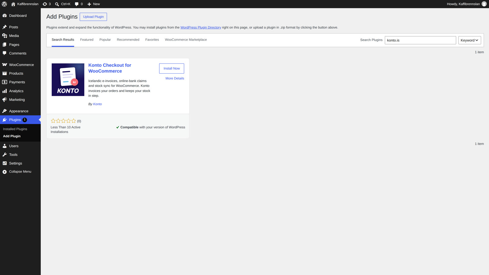 Search for “konto.is” under Plugins → Add New Plugin and click “Install Now”.