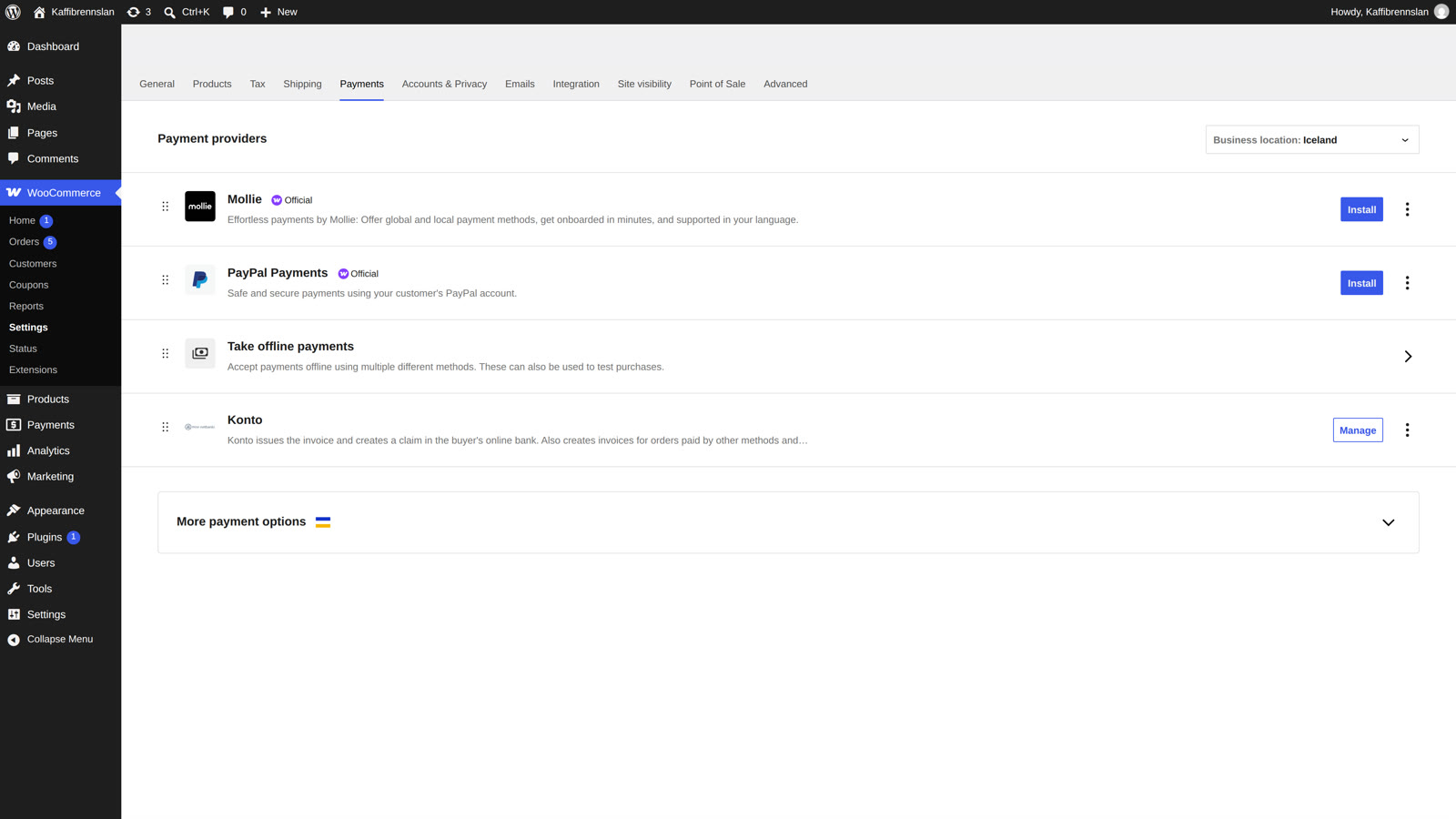 Under Payment providers in WooCommerce → Payments find “Konto” — click “Manage”.