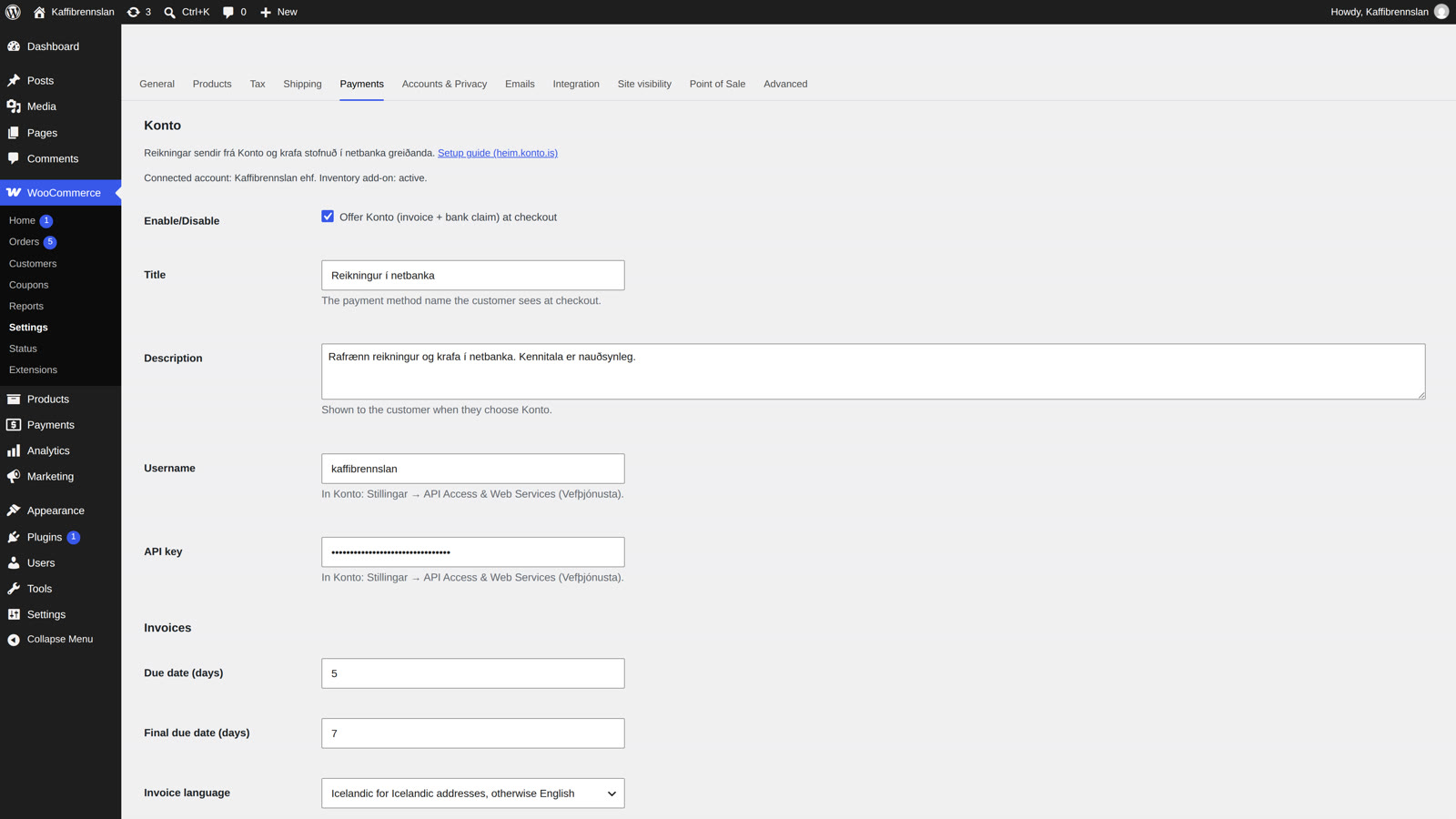 Tick Enable, paste Username and API key from Konto, then save changes.