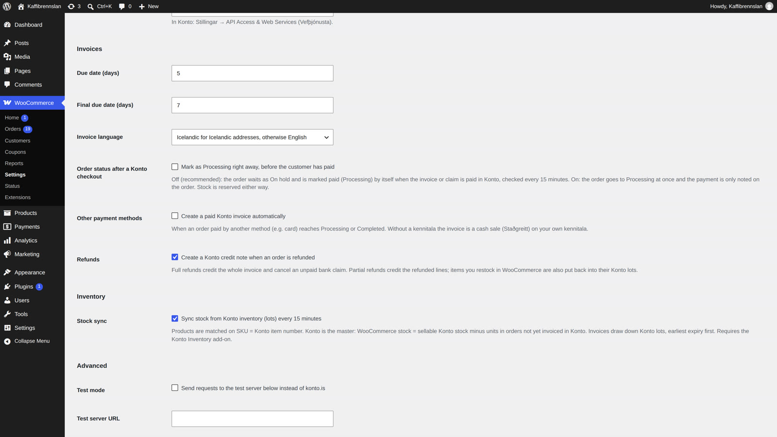 Set due dates, invoice language and order status — click Save changes.