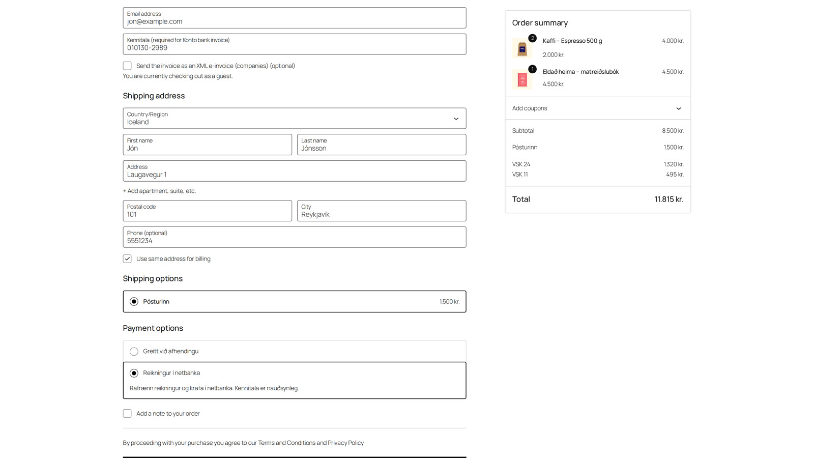 The customer picks “Reikningur í netbanka” at checkout and enters their kennitala.