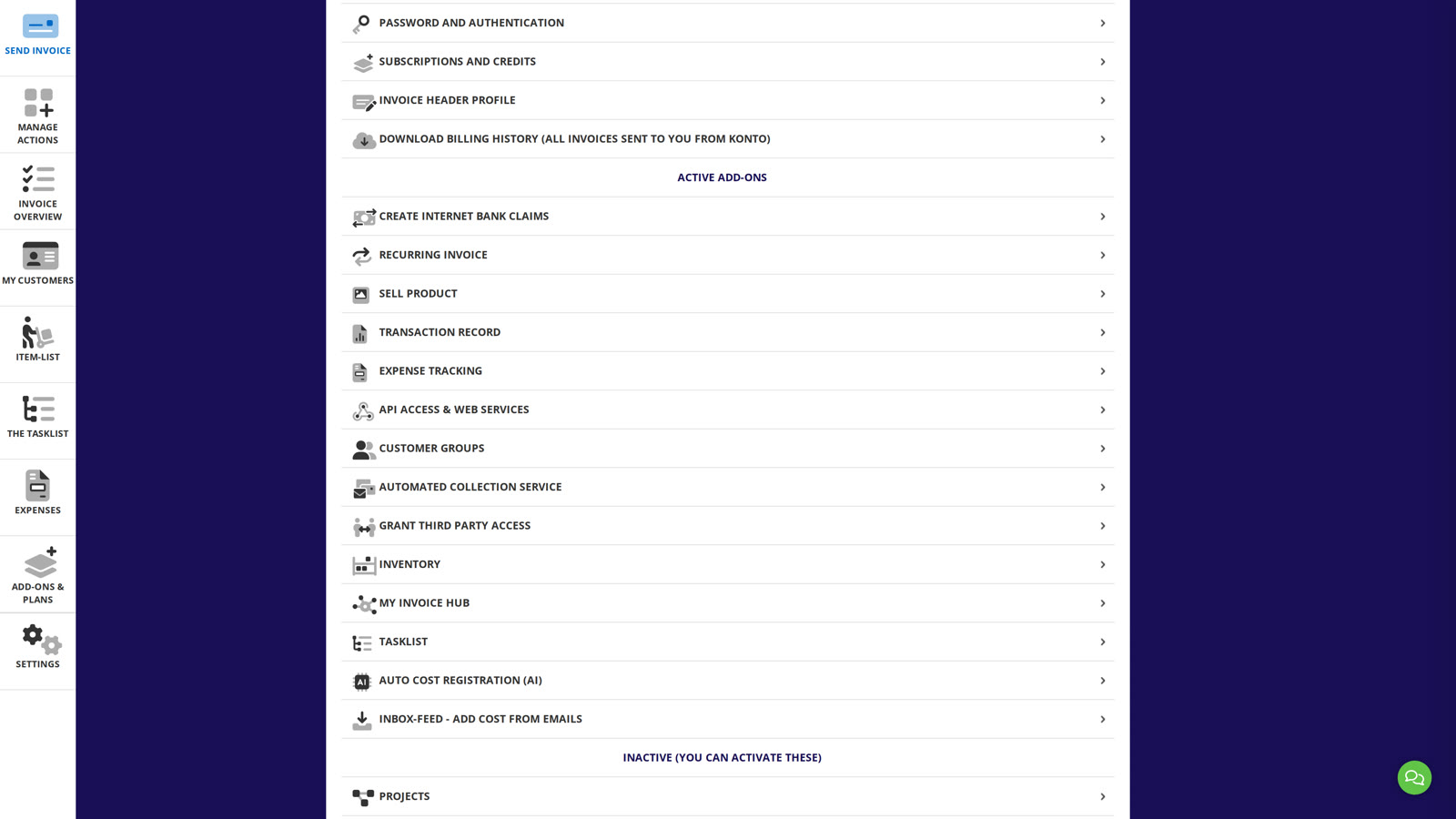 Go to Settings in Konto and click “API Access & Web Services” under Active add-ons.