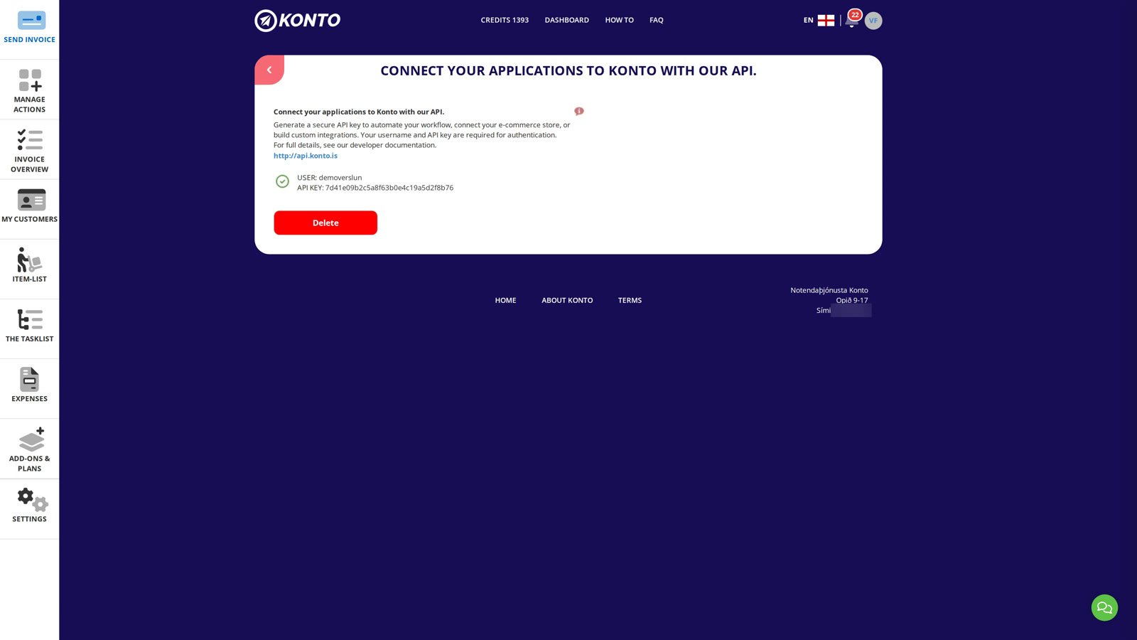 On the “Connect your applications to Konto with our API” page, copy USER and API KEY.