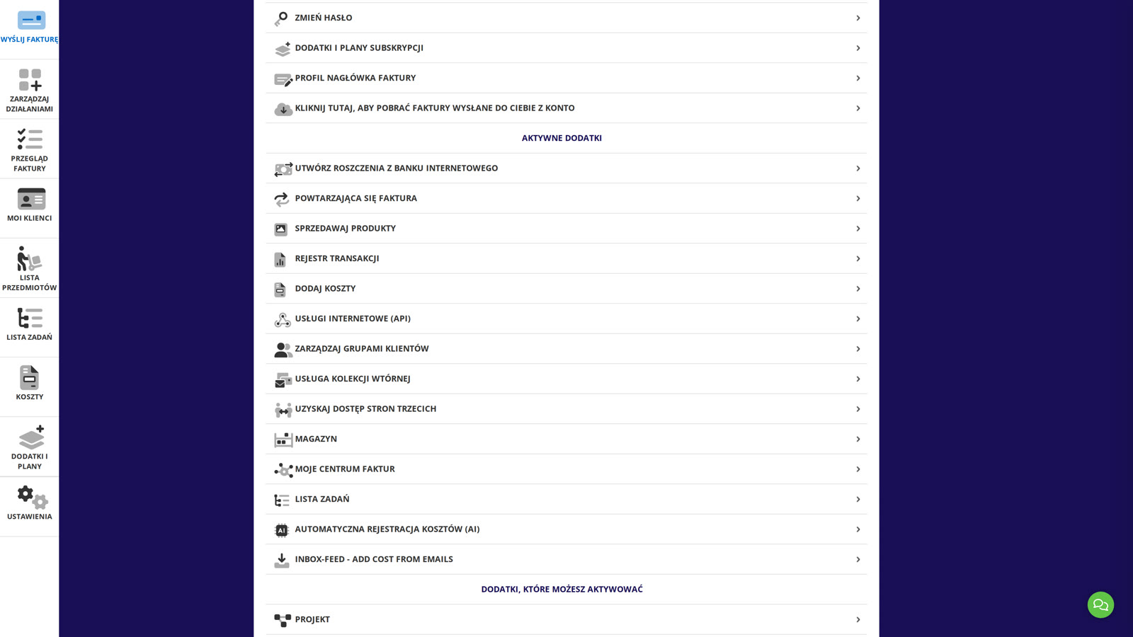 Przejdź do Ustawień w Konto i kliknij „Usługi internetowe (API)” w Aktywnych dodatkach.