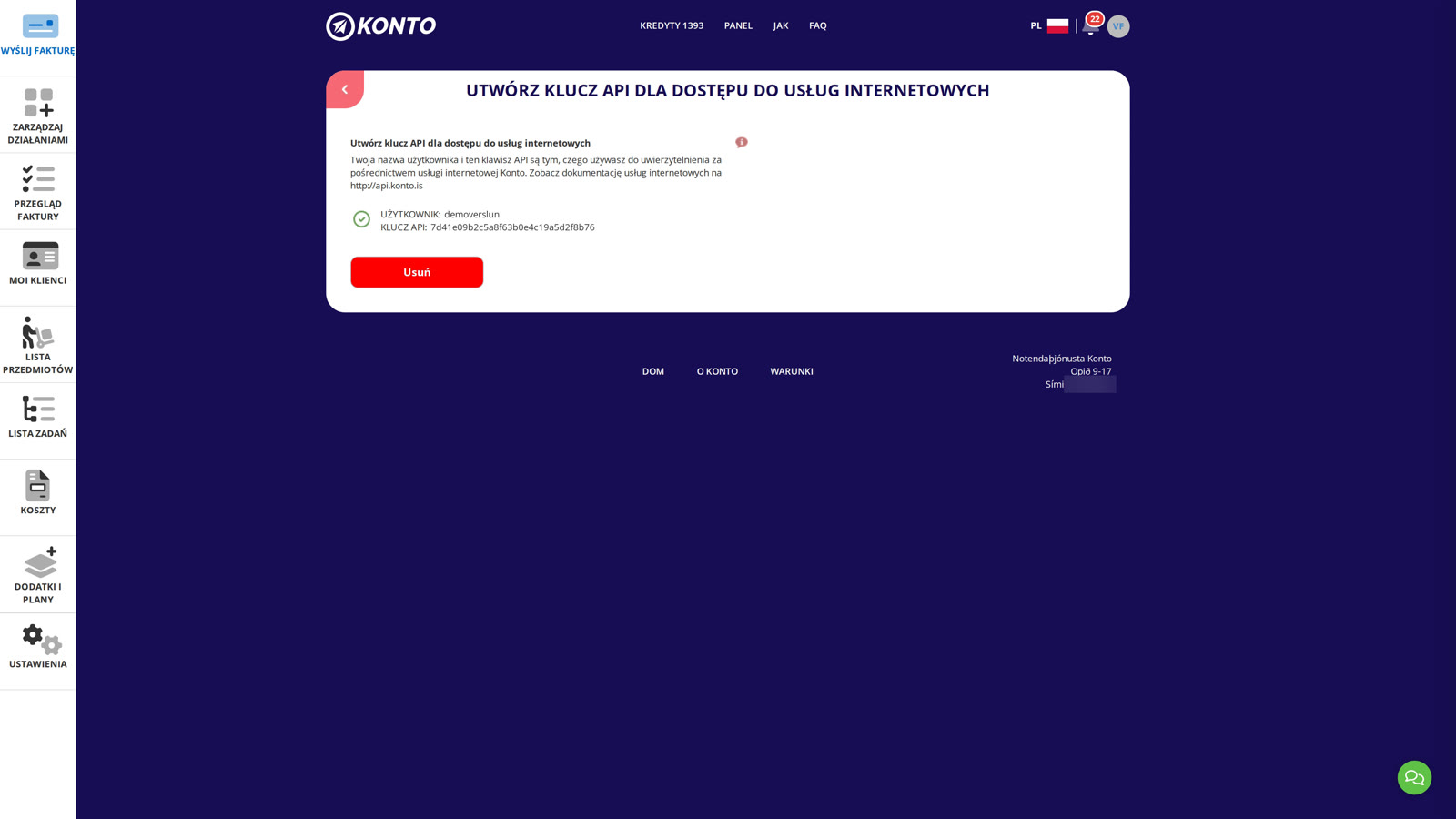 Na stronie „Utwórz klucz API dla dostępu do usług internetowych” skopiuj UŻYTKOWNIK i KLUCZ API.