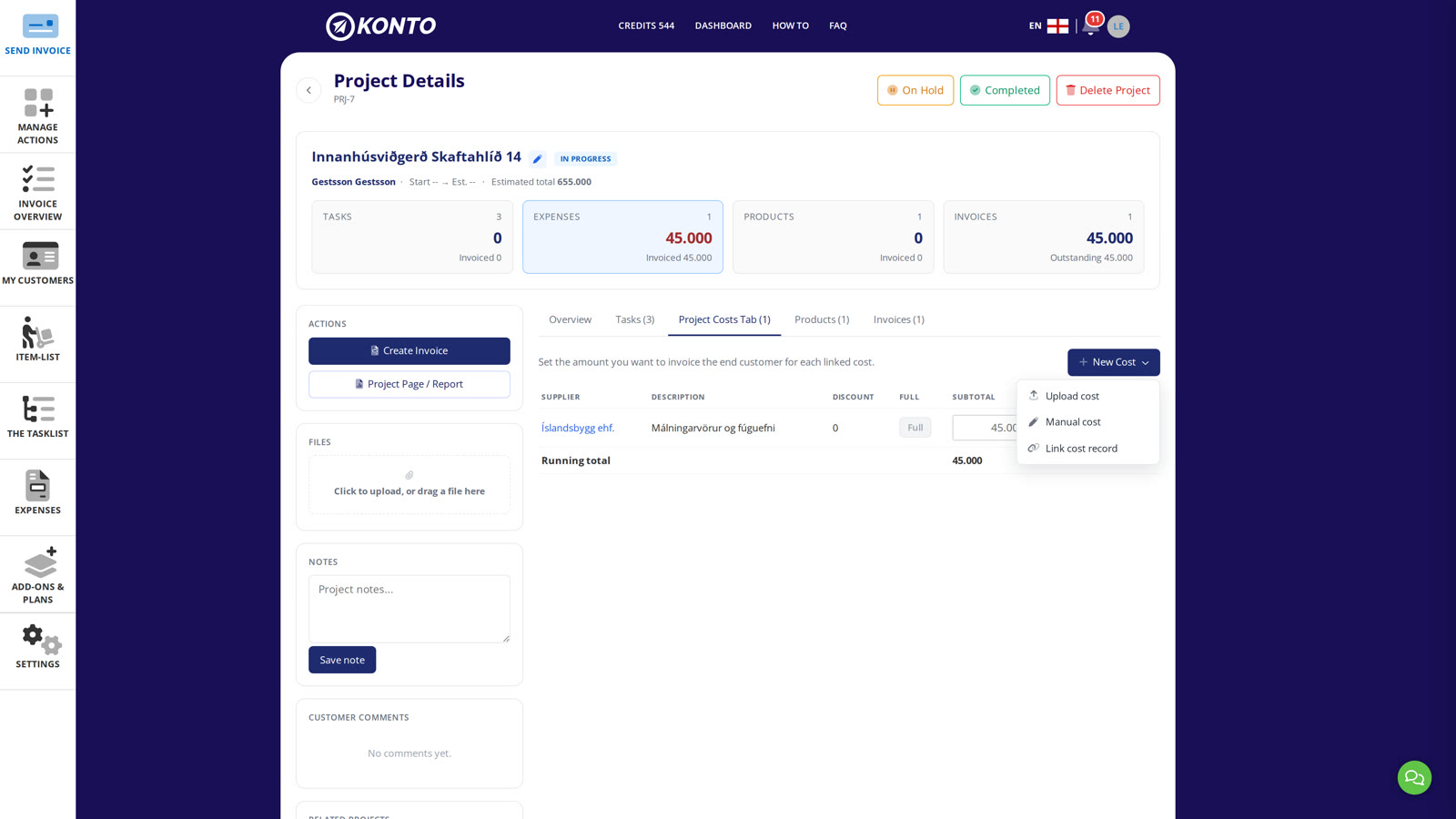 „New cost” opens a menu: upload, enter manually or link a cost record.