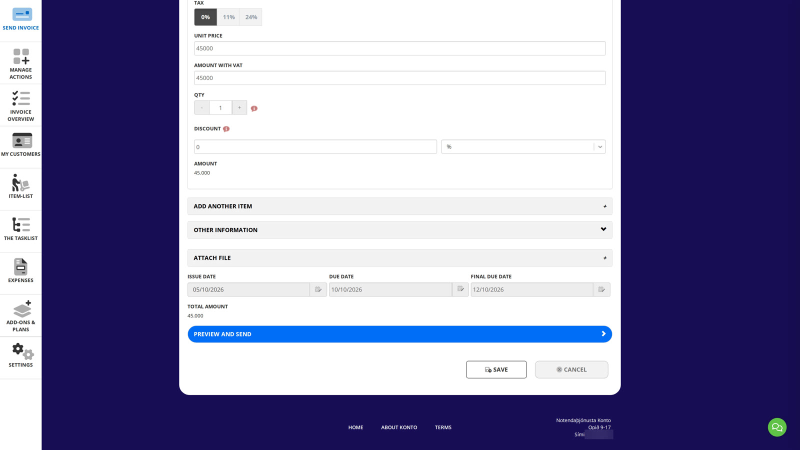 The invoice is ready — click „Preview and send” to send it.
