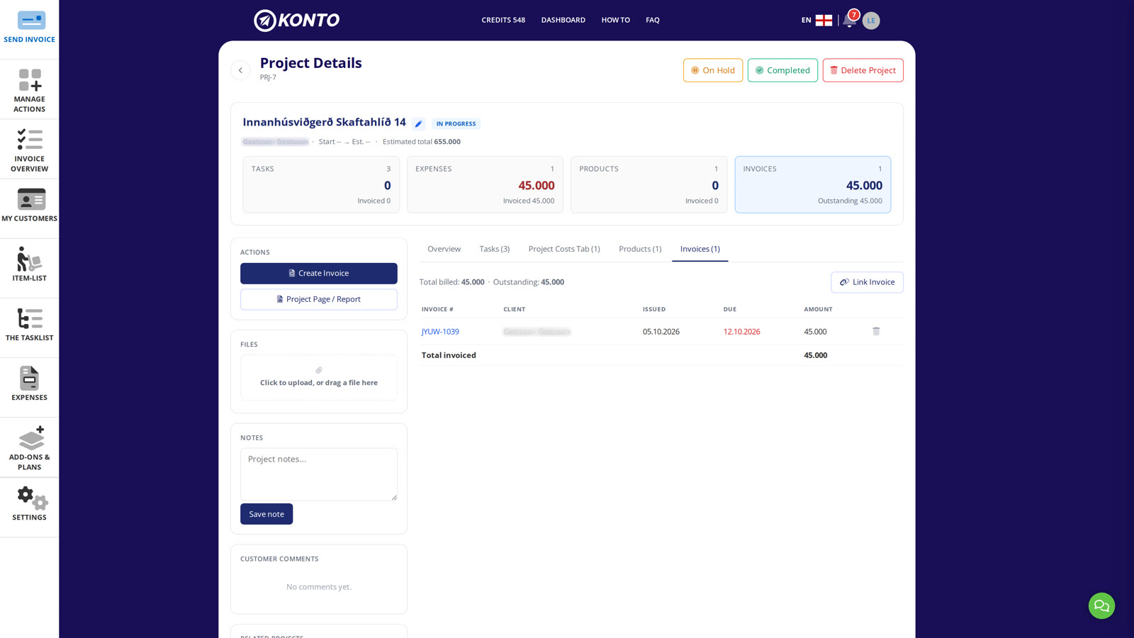 The Invoices tab shows linked invoices and payment status — change project status here.