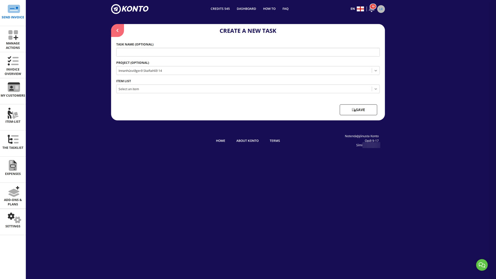 The task form opens with the project already selected — fill it in and save.