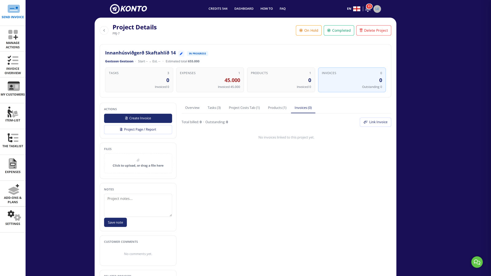 The Invoices tab is empty until an invoice is created or linked.