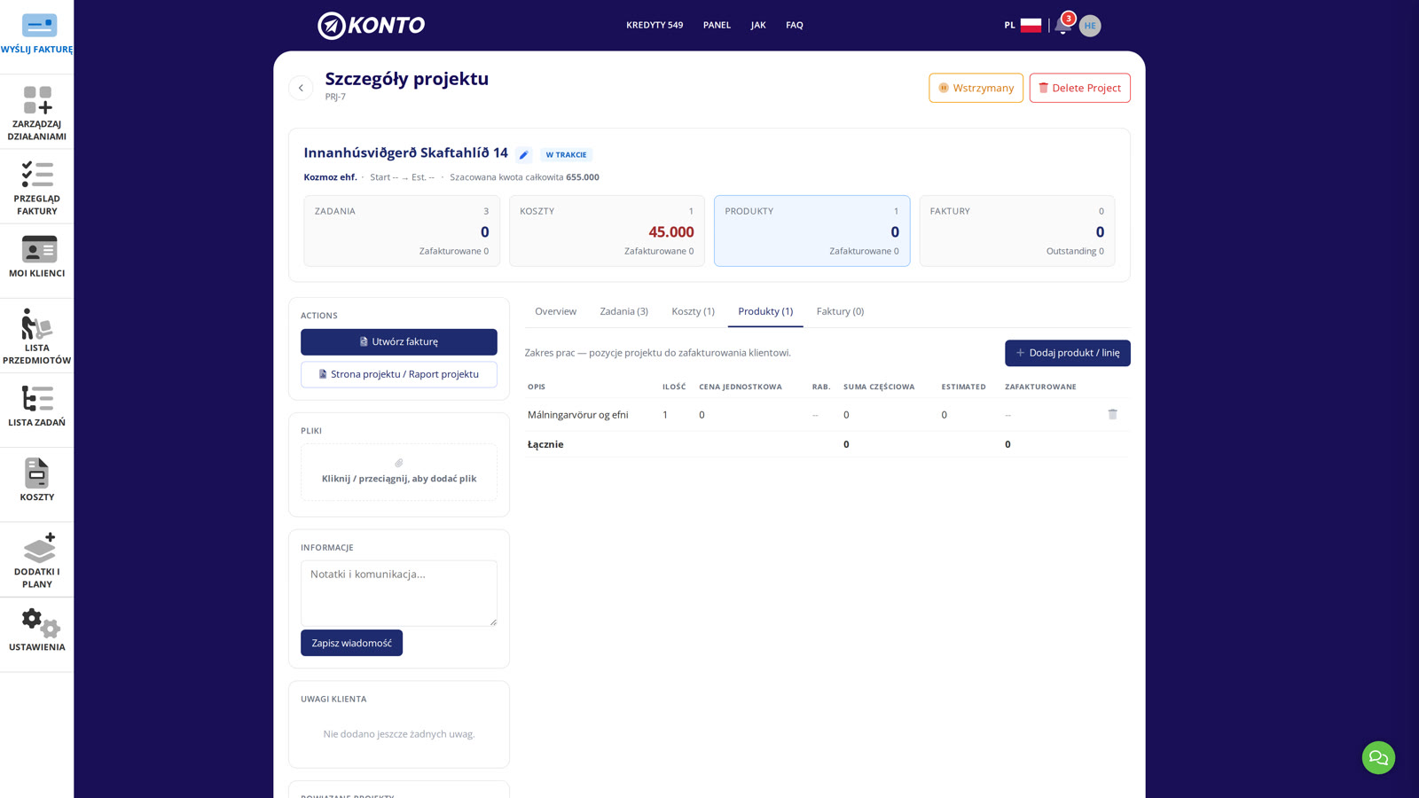 Zakładka Produkty wyświetla linie produktów — „Dodaj produkt / linie“ dodaje nowe.