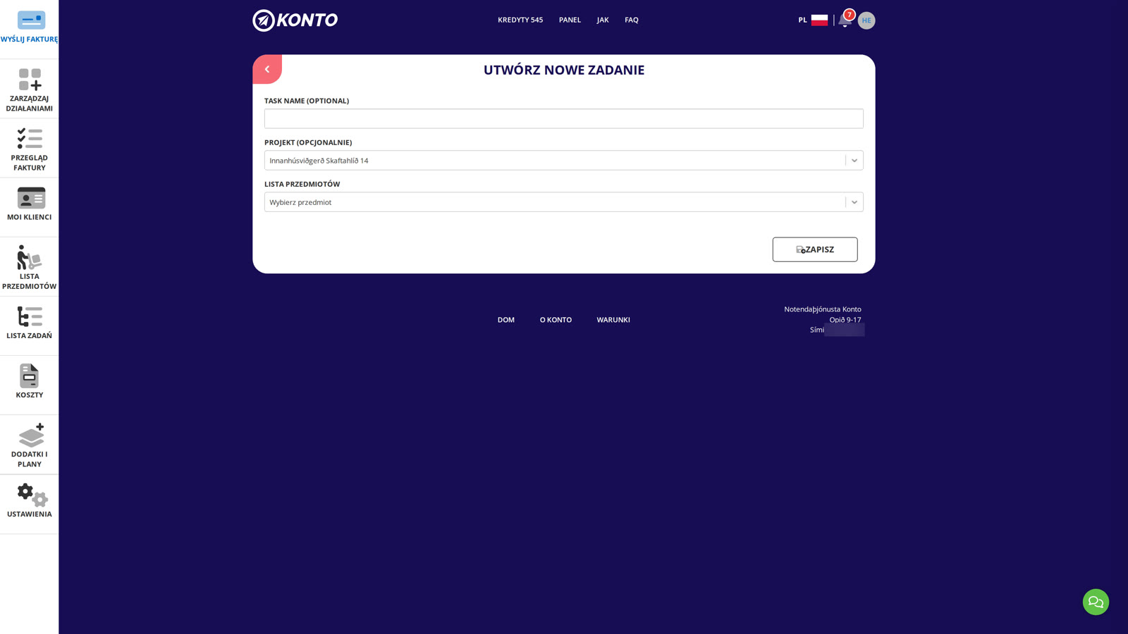 Formularz zadania otwiera się z projektem już wybranym — wypełnij i zapisz.