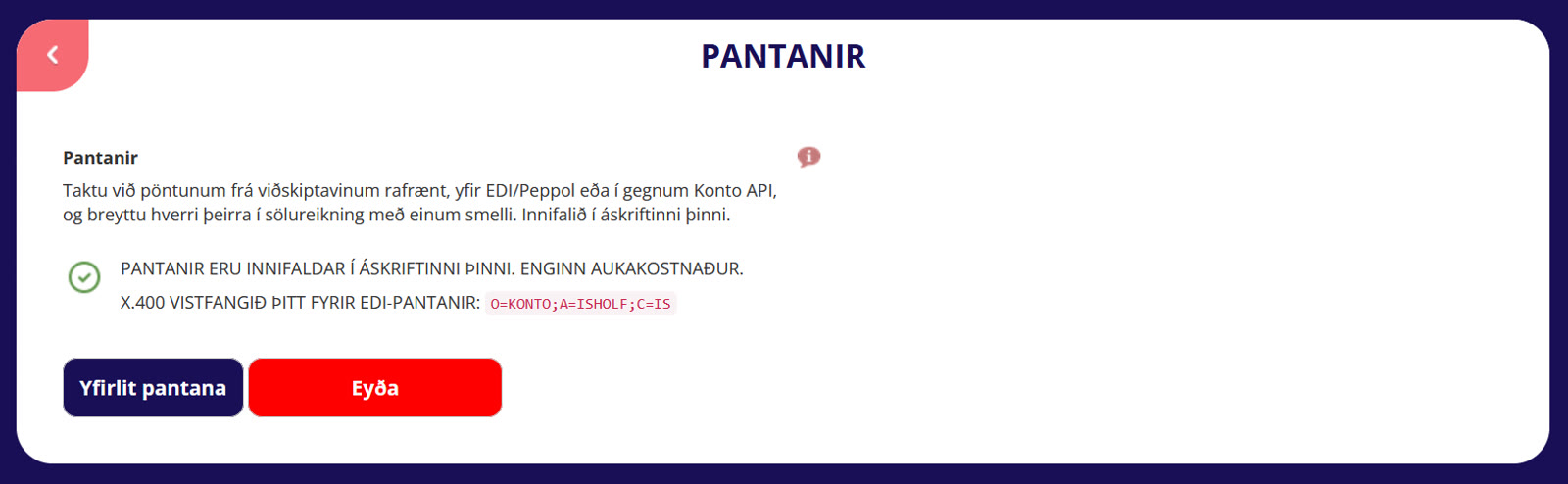 Tutaj widać Twój adres X.400 i przycisk „Yfirlit pantana“.