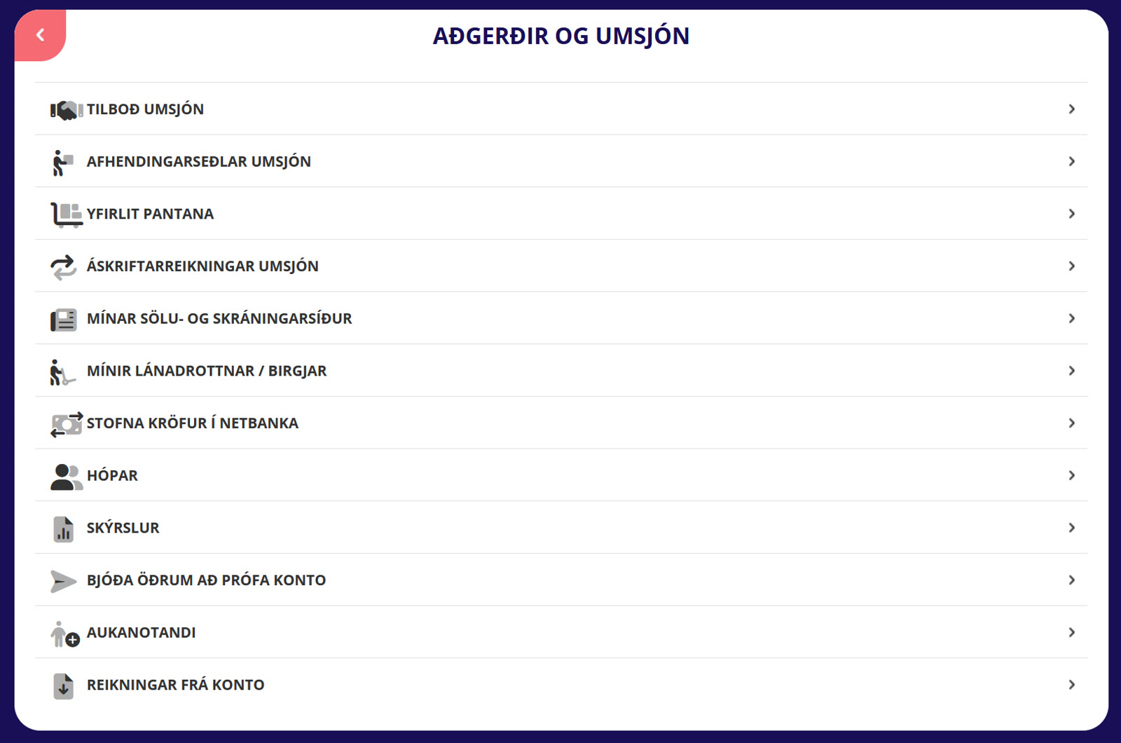 „Yfirlit pantana“ jest też w menu „Aðgerðir og umsjón“.