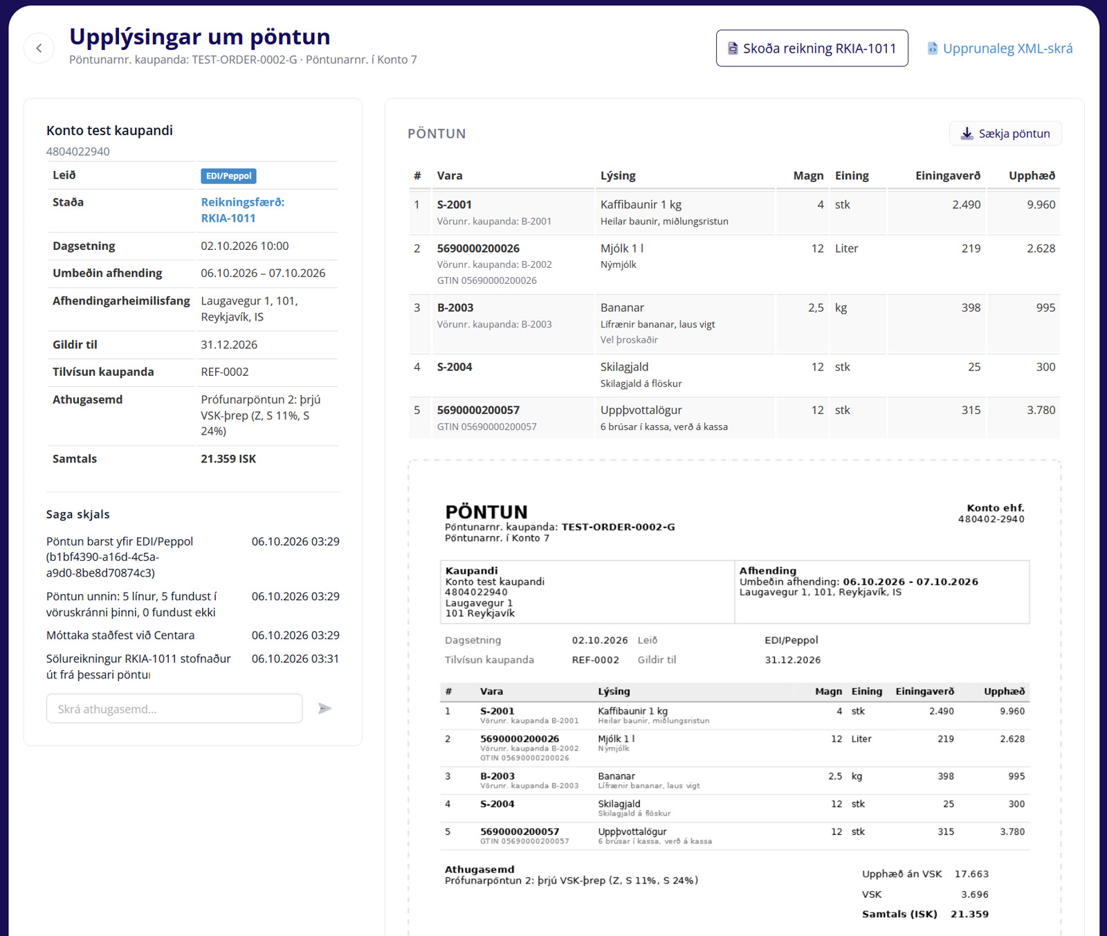 „Skoða reikning RKIA-1011“ otwiera fakturę; obok jest „Upprunaleg XML-skrá“.