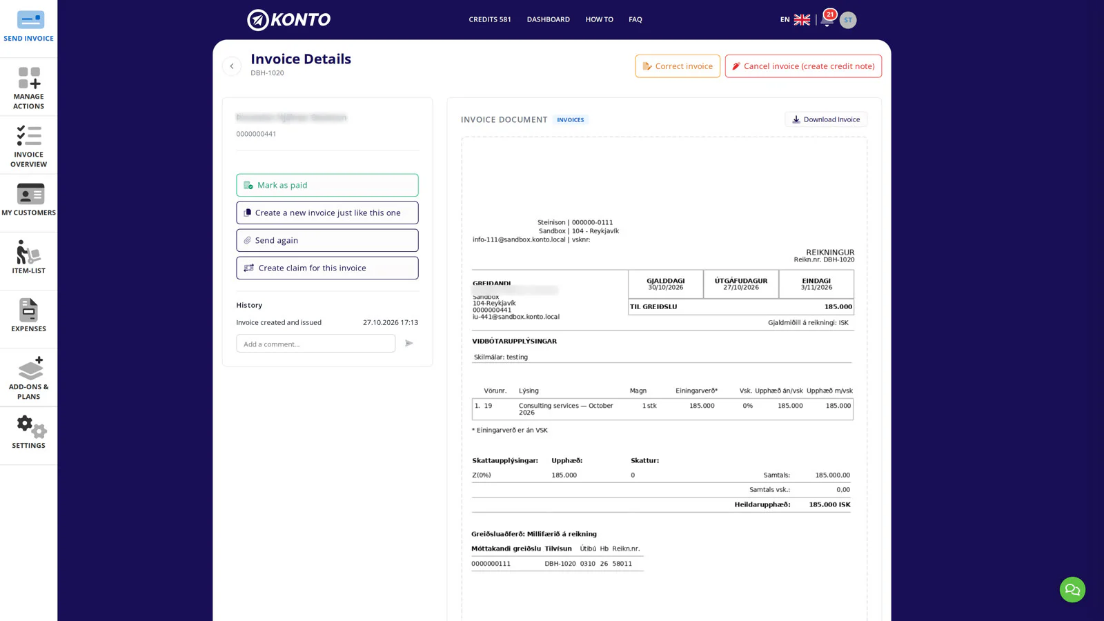 The document history and the Send again button are in the detail panel.
