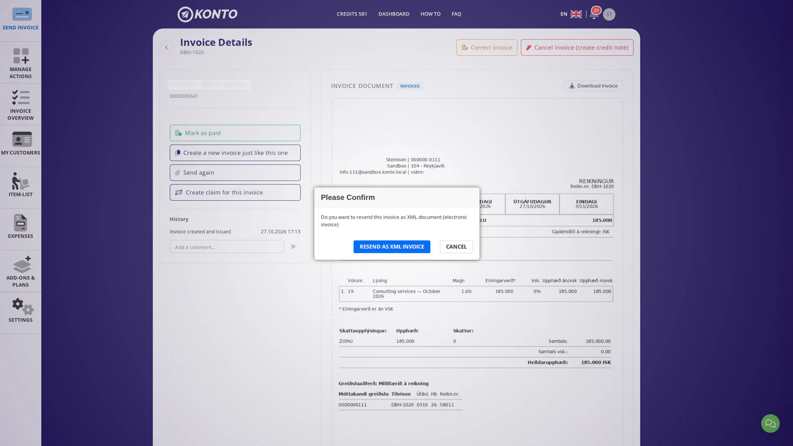 Confirm sending as XML via the messaging network.