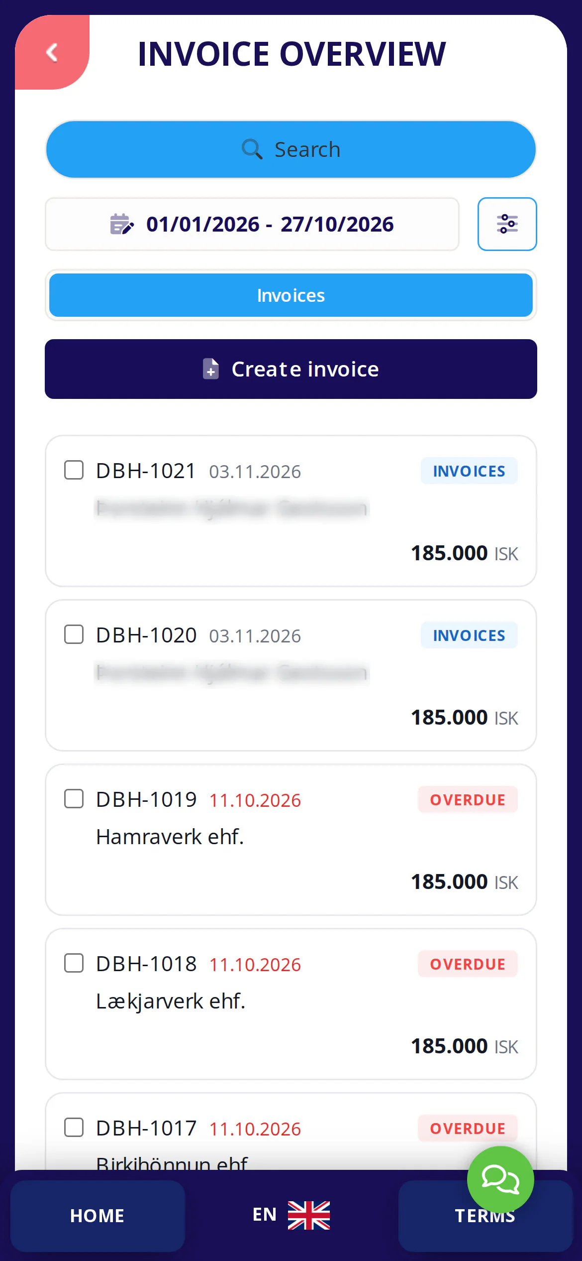 Tap „Invoice overview” to see all issued invoices.