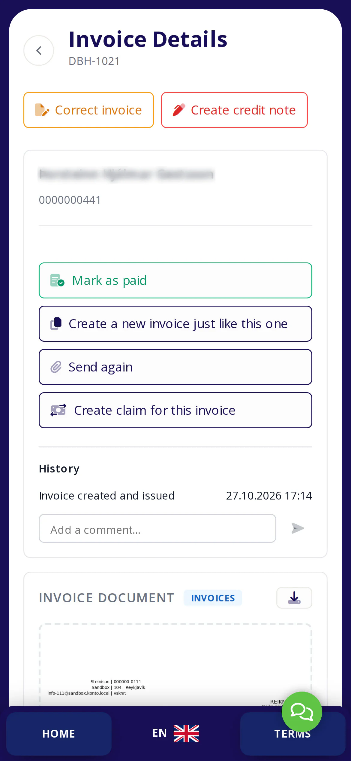 The document history and the „Send again” button are on the detail card.