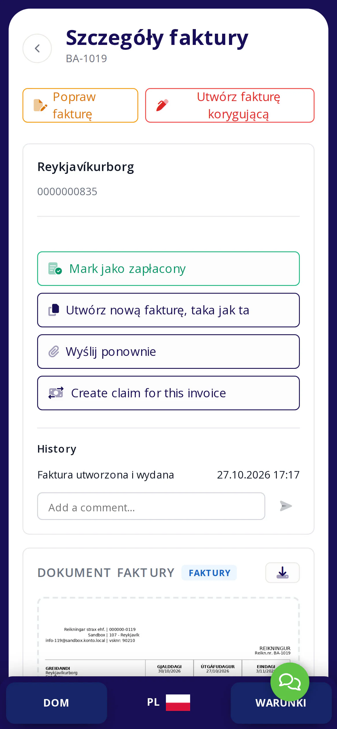 Historia dokumentu i przycisk „Wyślij ponownie” znajdują się na karcie szczegółów.
