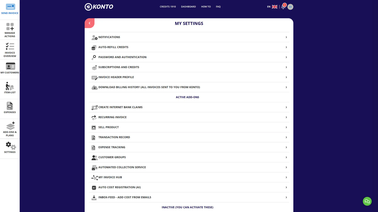 In Konto, select „Settings” in the sidebar — active add-ons are listed there.