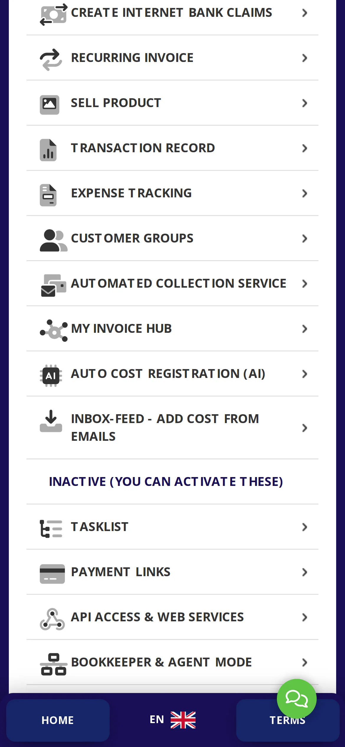 In the Konto app, tap „Settings” in the menu — active add-ons are listed there.