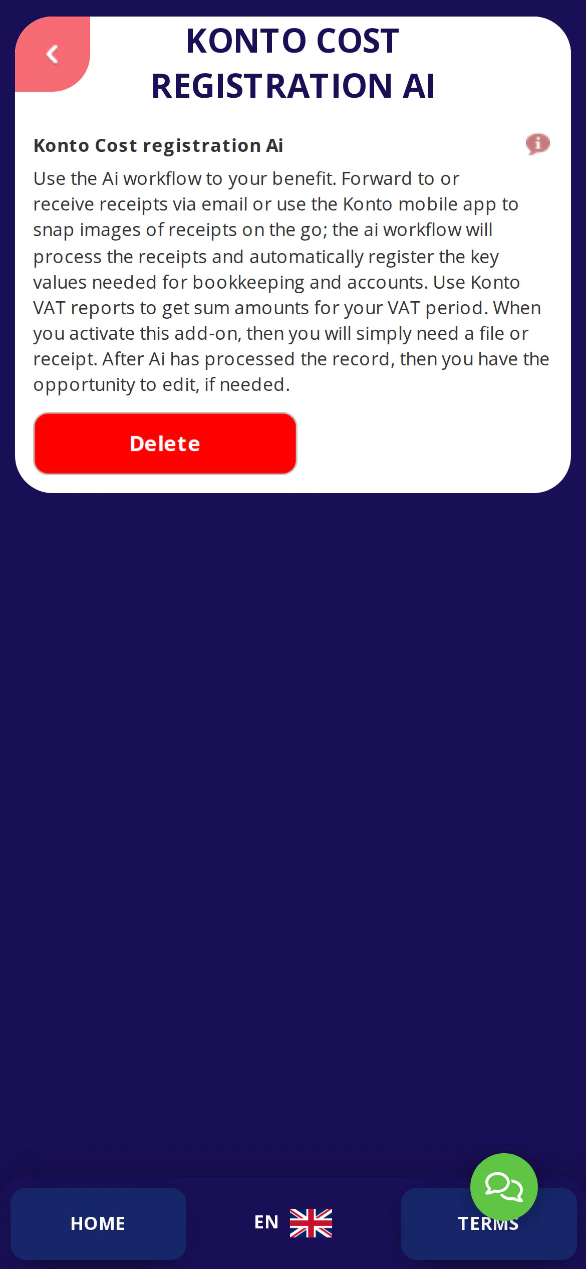 Here you can see whether AI expense logging is active — turn it on if needed.