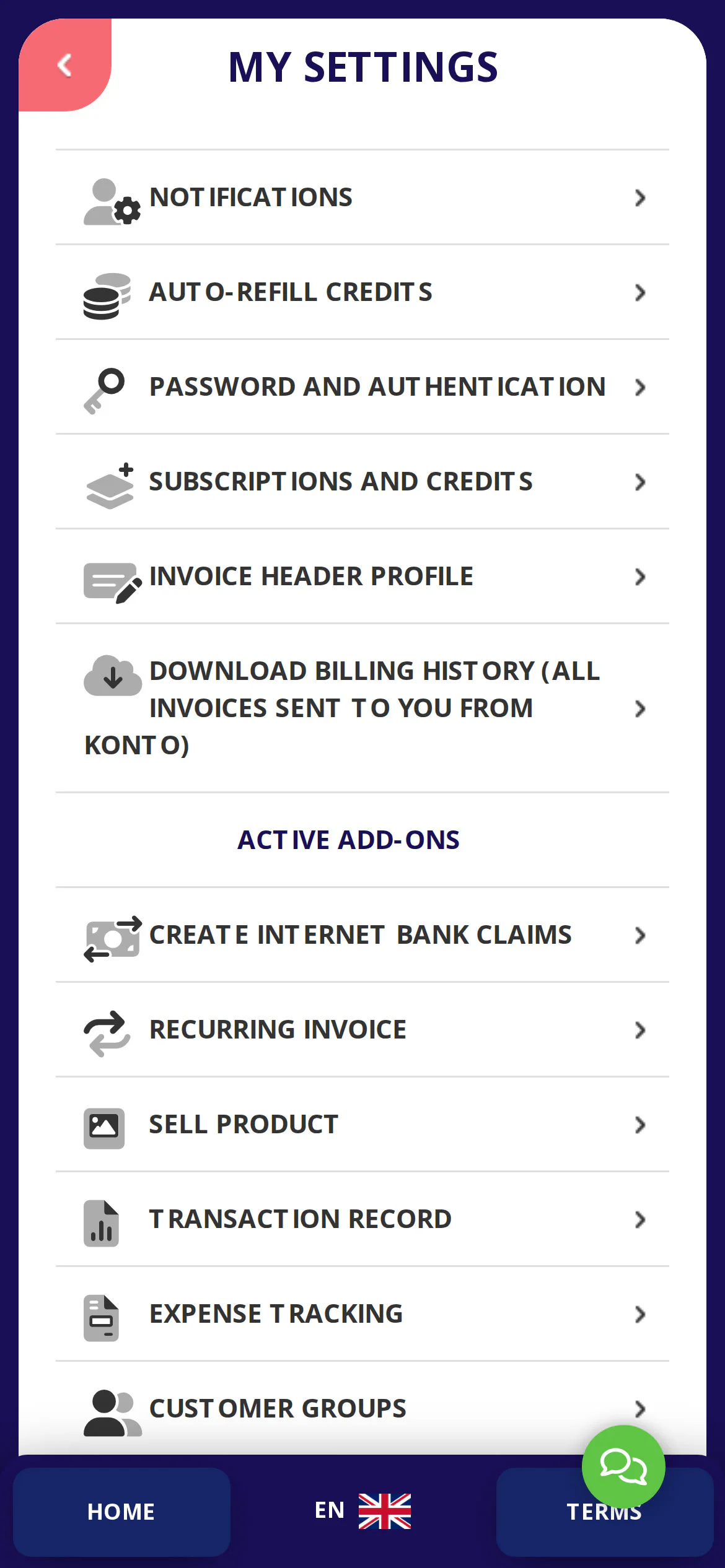 Tap „Expense tracking” in Settings to open the expense settings.