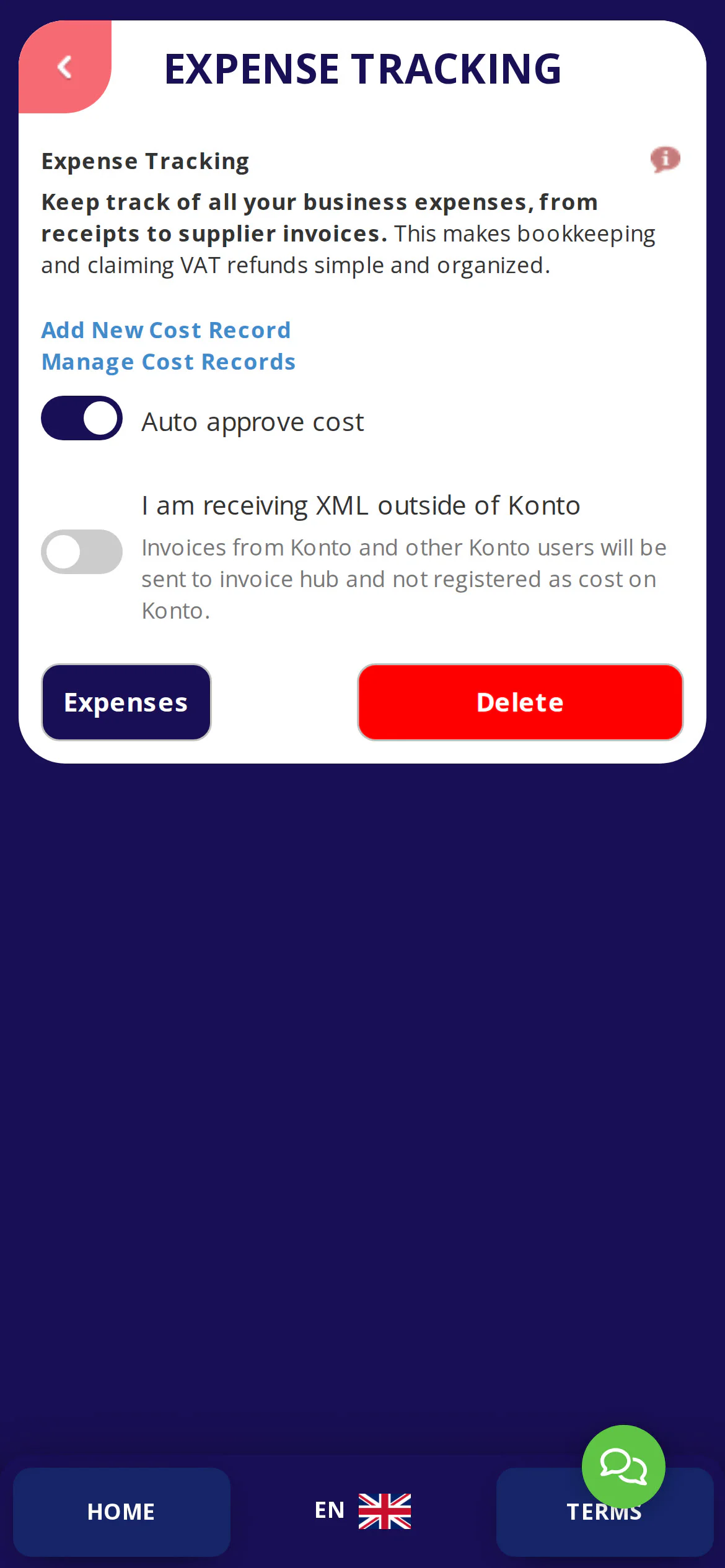 Select automatic or manual approval for new expense entries.