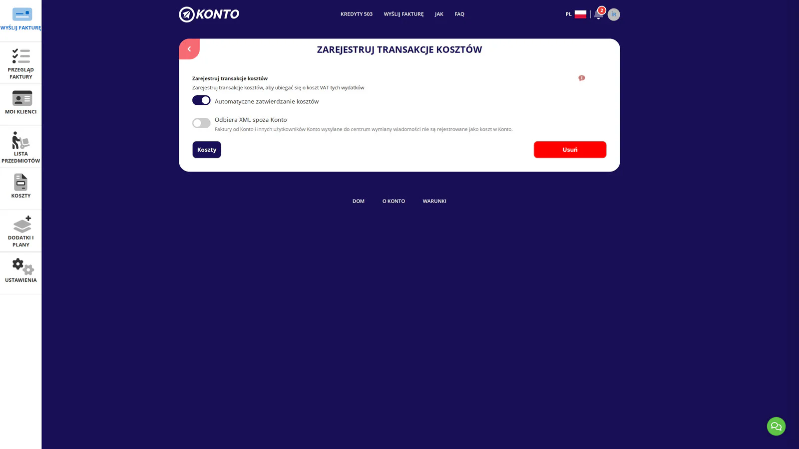 Wybierz automatyczne lub ręczne zatwierdzanie nowych wpisów kosztowych.