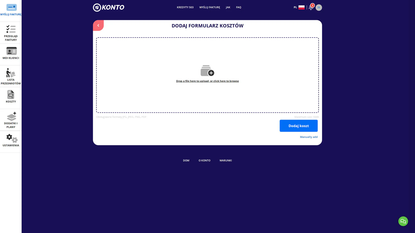 Przeciągnij PDF lub zdjęcie na obszar — AI odczyta dane automatycznie.