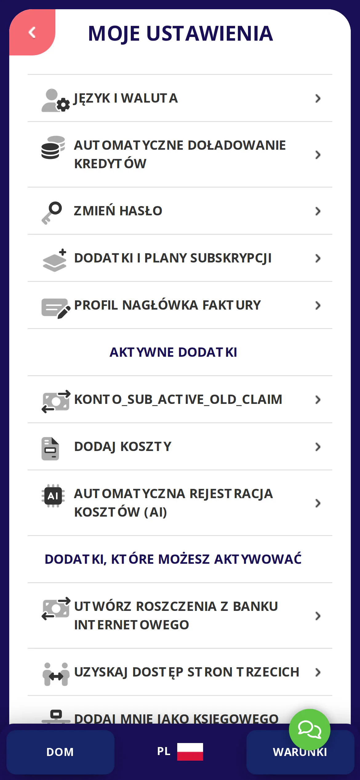 W aplikacji Konto stuknij „Ustawienia” w menu — aktywne dodatki są tam wymienione.