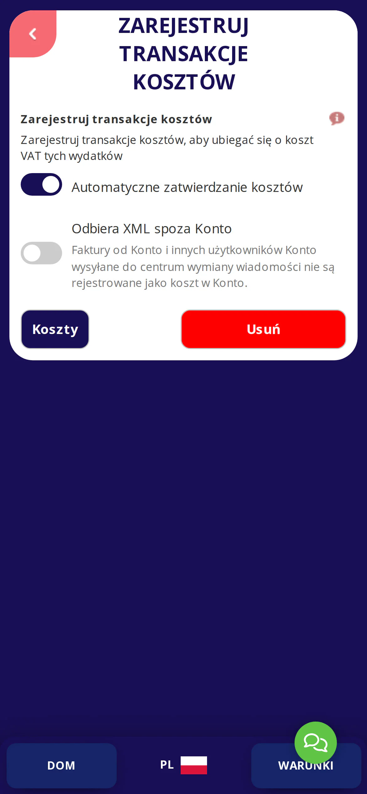 Wybierz automatyczne lub ręczne zatwierdzanie nowych wpisów wydatków.
