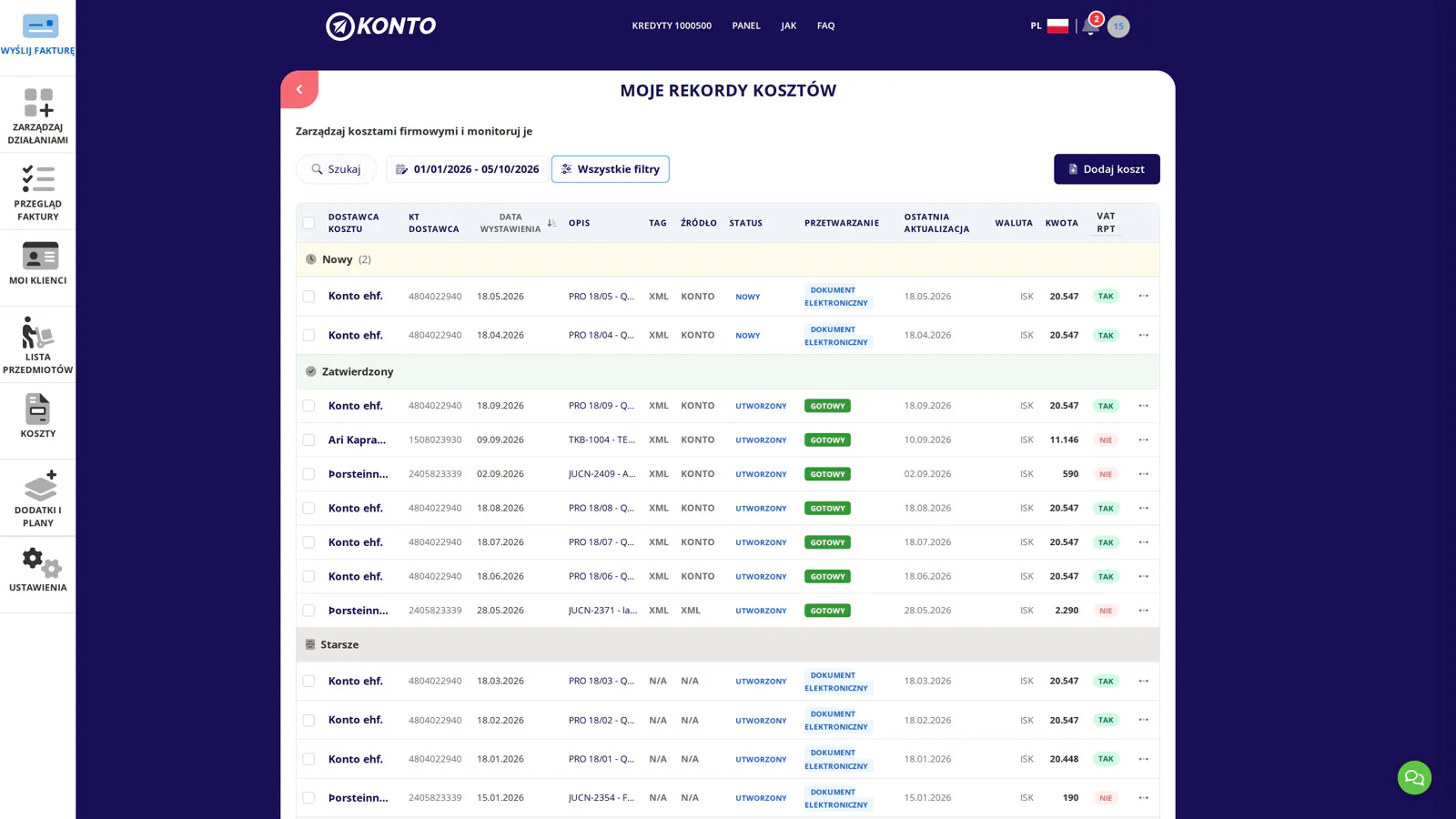 Panel główny wygląda tak samo jak w wersji web — dotknij czerwonego +.