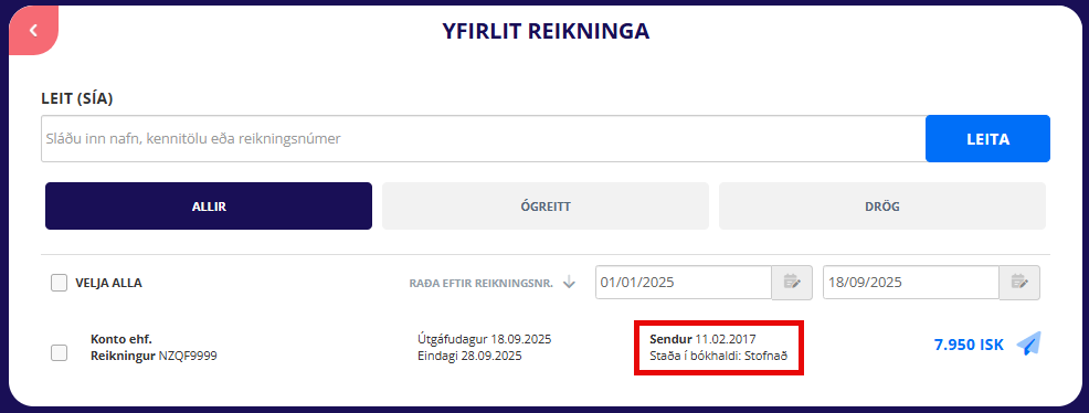 Reikningar merktir: Stofnað í yfirlit reikninga í Konto