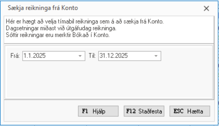 Tímabil fyrir sölureikninga sem þú vilt sækja í Konto
